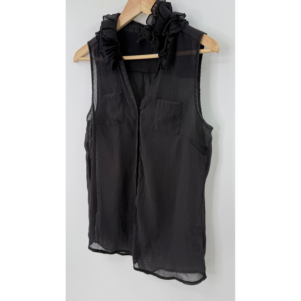 Lapis Sleeveless Black Ruffle Collar Button Blouse Sz L Whimsigoth Romantic Boho - Picture 2 of 10